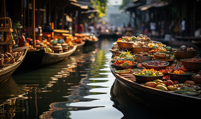 Obraz premium Floating market in Asia, boats with goods.