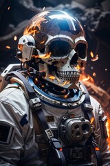 skull halves of an astronaut in fire deep