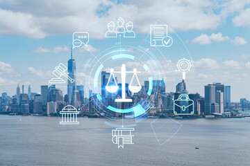 Aerial panoramic helicopter city view of Lower Manhattan and Downtown financial district, New York, USA. Glowing hologram legal icons. The concept of law, order, regulations and digital justice