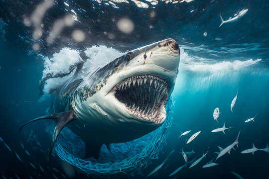 Powerful Great White Shark navigating through swirling ocean pollution, jaws wide in protest. Thought-provoking image focusing on marine life resilience against plastic waste. Generative AI