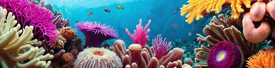 Fototapeta na wymiar Horizontal banner with ocean reef with colorful tropical corals and sunlight streaming through the sea water. Underwater world beauty illustration. Generative AI