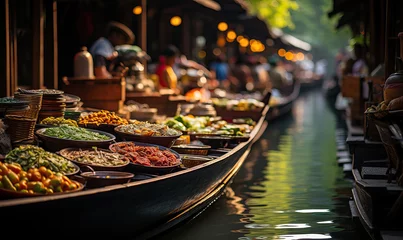Poster Floating market in Asia, boats with goods. © Andreas
