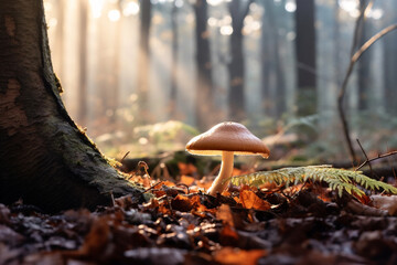 fall morning mushroom closeup in the woods of nationalpark eife - obrazy, fototapety, plakaty