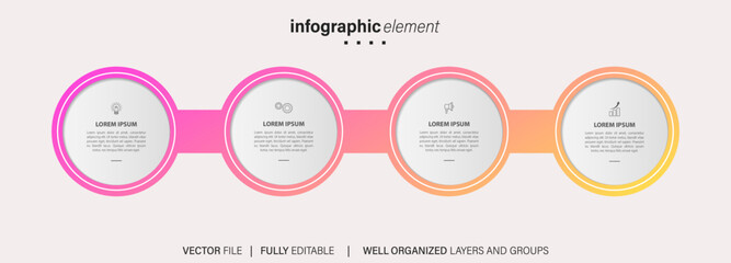 Timeline infographic with infochart. Modern presentation template with 4 steps for business process. Website template on white background for concept modern design. Horizontal layout.
