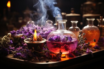 Spa still life with candles and flowers. Magic potion with flowers and candles on dark background. Spa still life with lavender flowers and bottles of essential oil