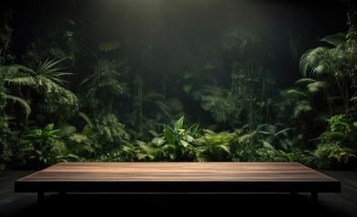 Wooden blank surface on the background of dark plants