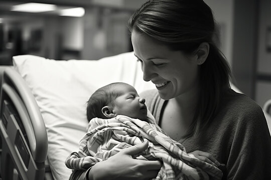 Happy Mother And Newborn Baby In Hospital Bed