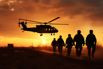 Siluetas de militares bajándose de un helicóptero. IA Generativa  - obrazy, fototapety, plakaty