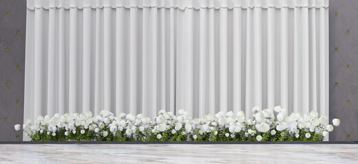 performance stage backdrop background wedding scene decorated with white flowers 3d illustration