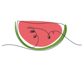 Vector color illustration of watermelon slices with pits in one line