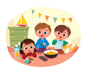 Children watching TV at home. Children bedroom interior. Spending time with friends. Children amazed by breathtaking movie.