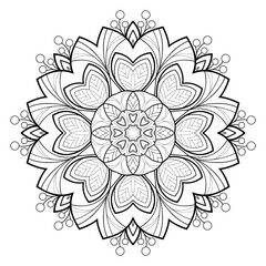 Decorative mandala with floral and linear patterns  on a white isolated background. For coloring book pages.