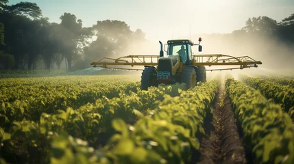 Poster A low angle view capturing the efficiency and speed of a tractor spraying pesticides on a soybean field © Milan