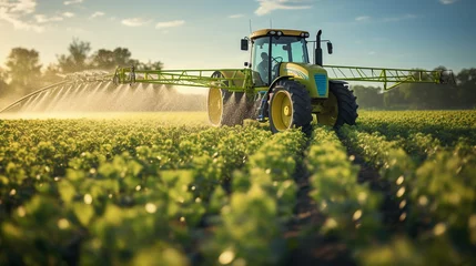 Fototapeten A low angle view capturing the efficiency and speed of a tractor spraying pesticides on a soybean field © Milan