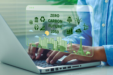 Zero Carbon Future on computer screen, concept, zero carbon goal, net zero emission goal and the...