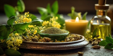 Spa still life with essential oil and herbs on a wooden background