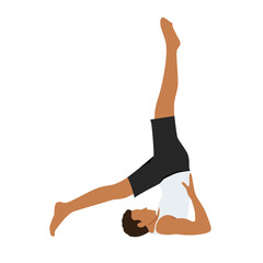 Man doing yoga shoulder stand pose. using hands push back and lift the legs up. Flat vector illustration isolated on white background