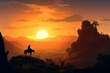 Fototapeta na wymiar Wild cowboy sunset view. Generate Ai