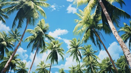 Fototapeta premium a painting of palm trees against a blue sky with clouds. generative ai
