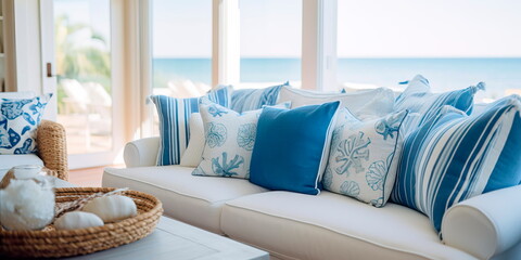 Coastal beach house living room with a breezy, nautical theme and coastal decor.