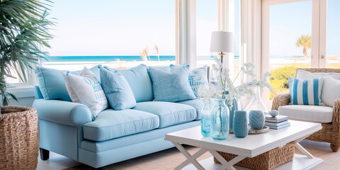 Coastal beach house living room with a breezy, nautical theme and coastal decor.