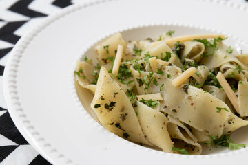 Close up Italian Pasta, Pappardelle pasta with Green Pesto