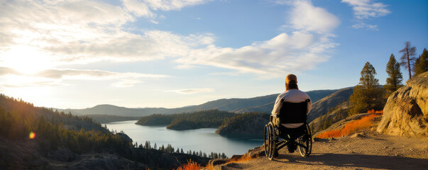 Inspirational scene of wheelchair user appreciating beautiful bright landscape, a testament to adventure and exploration regardless of disability. Generative AI - obrazy, fototapety, plakaty