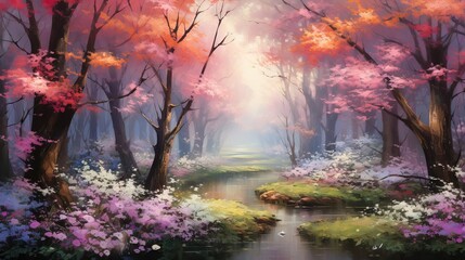  a painting of a stream in a forest with pink flowers.  generative ai