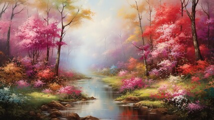  a painting of a river surrounded by trees and flowers in a forest.  generative ai
