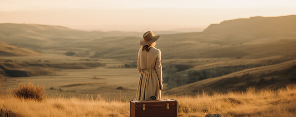 Captivating image of a woman standing with her suitcase against an exquisite backdrop, embodies solo female travel in tranquil, warm lighting. Generative AI