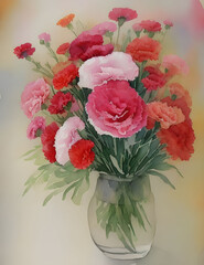 Watercolor painting of carnations in a glass vase. Generative ai