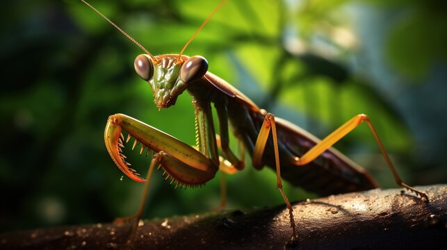  a close up of a praying mantissa on a branch.  generative ai