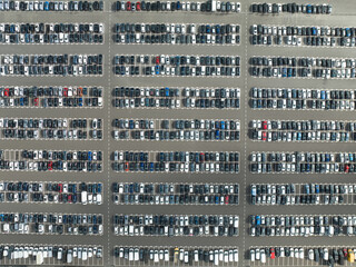 Large car park top down view aerial drone view.