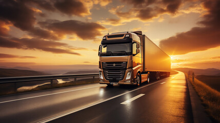 Obraz na płótnie Canvas truck on the track, motorway. sunrise or sunset. the car makes international cargo transportation