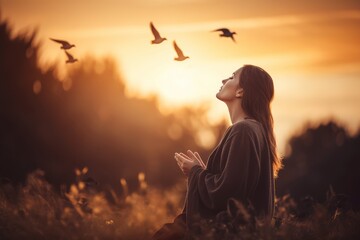 Woman praying sunset view. Generate Ai - obrazy, fototapety, plakaty