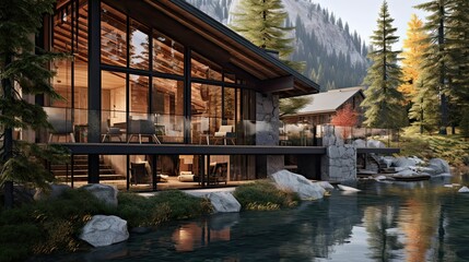 Fototapeta na wymiar a luxurious and beautiful house exterior space, alpine view, lakeside, cabin retreat, Generated by AI 