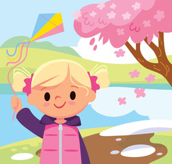 Picture with season of the year. Girl spares time outside. Landscape with tree and river. Spring background.