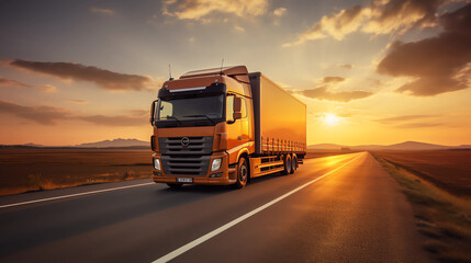 Fototapeta na wymiar truck on the track, motorway. sunrise or sunset. the car makes international cargo transportation