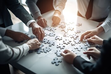 Business people with jigsaw puzzle pieces. Generative AI