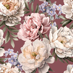 Beautiful seamless pattern with gentle hand drawn peony flowers. Floral stock illustration.