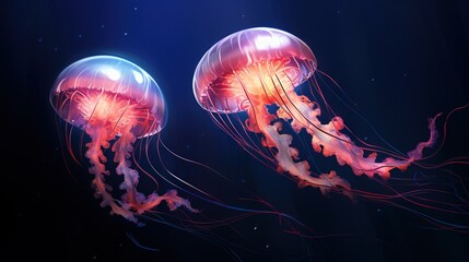  a couple of jellyfish floating in the ocean together on a dark blue background.  generative ai