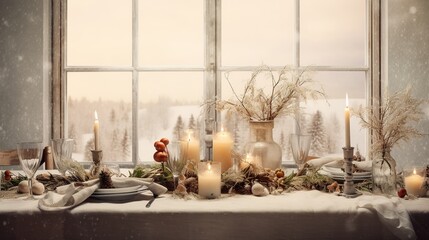 Fantastic Shot of some Decorations on the Top of a White Desk and as a Background a Huge Window with the Snow Everywhere!