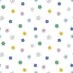 Fototapeta na wymiar Beautiful vector kid seamless pattern with cute hand drawn little colorful flowers. Stock illustration.