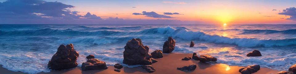 Fototapeten Panorama of a sunset over the ocean with waves crashing on the shore and several big stones in the foreground. Seascape illustration with sand beach, cloudy sky and setting sun. Generative AI © Aleksei Solovev