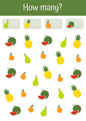 Learning mathematic with colorful and interesting math worksheets Playful exercises in counting, logic games for preschool education and pedagogic use. Vegetables and fruits mathematic lists.