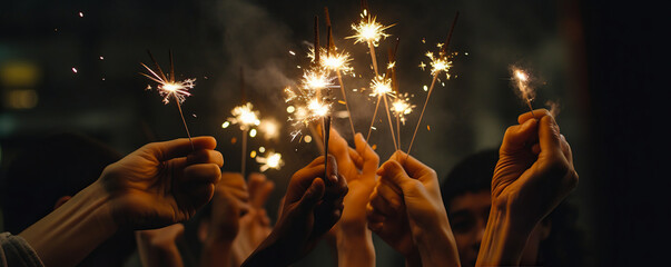 Enchanting close-up of hands holding sparklers, illuminating night sky in festive gathering, evoking shared joy and excitement. Generative AI