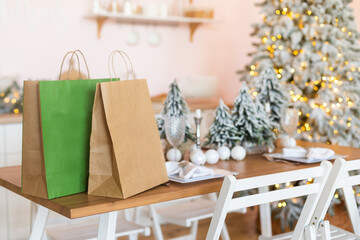 Christmas decor of food delivery service disposable kraft paper package. Ready-made order, eco-friendly recyclable packaging, zero waste. Holidays catering, making sweets home made.