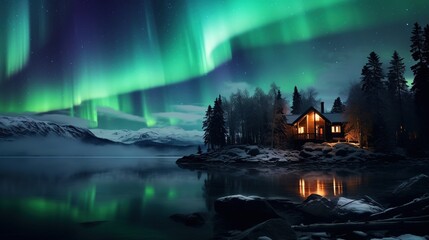 Fototapeta na wymiar Amazing Shot of the Northern Lights, Insane Reflections over the Lake of the Colorful Sky.