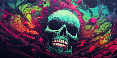 AI Generated. AI Generative. Vintage retro color bright acid colors psychedelic human skull skeleton face head. Poster decoration. Graphic Art