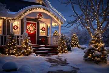 Exterior Design of a Beautiful House during the Christmas Event. Full of Snow.